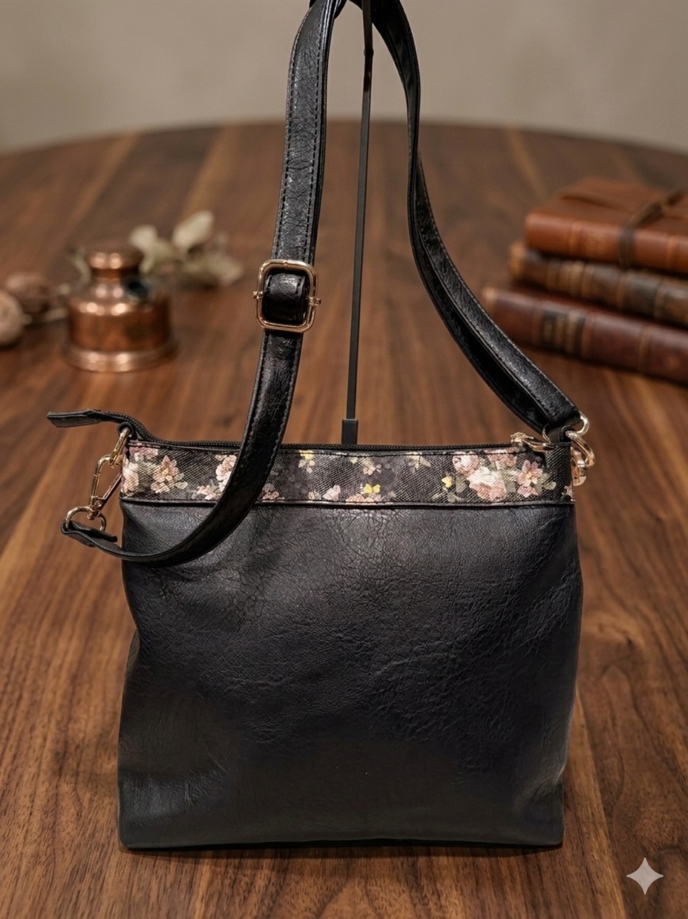 Chic Black Vegan Leather Crossbody Bag with Floral Trim & Chevron Lining